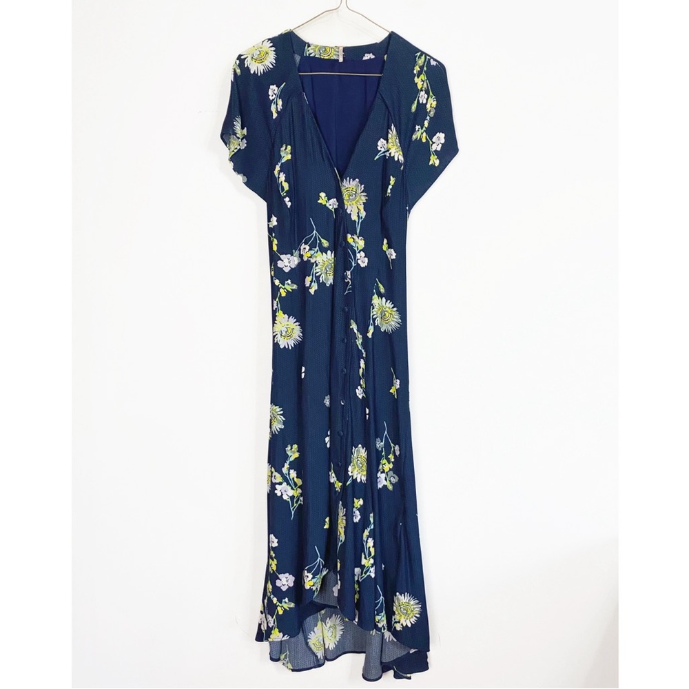 Free People Lost in You Floral Navy Blue High Low Midi Dress Womens size L